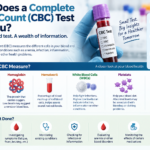Infographic about CBC blood test: lists components (RBCs, WBCs, hemoglobin, hematocrit, platelets) and quick benefits for health insights.