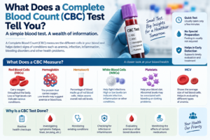 Infographic about CBC blood test: lists components (RBCs, WBCs, hemoglobin, hematocrit, platelets) and quick benefits for health insights.